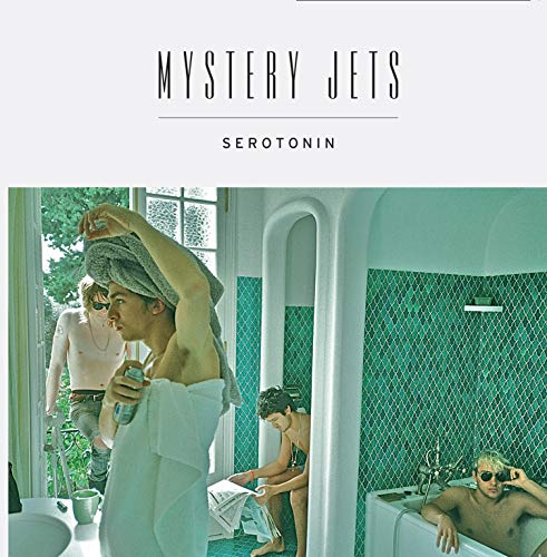 Album cover for Mystery Jets’ “Serotonin” featuring men in a bathroom.