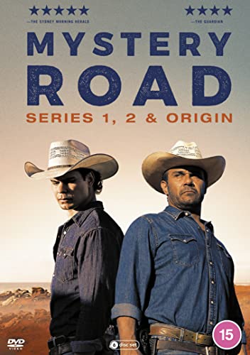 DVD cover for "Mystery Road" featuring two Indigenous Australian detectives.