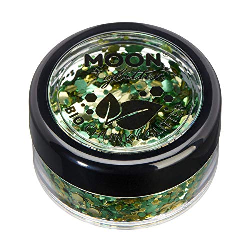 Small clear jar filled with chunky green and gold glitter with black screw lid.