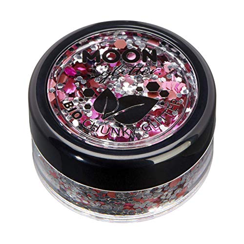 Small round jar filled with pink and silver chunky cosmetic glitter.
