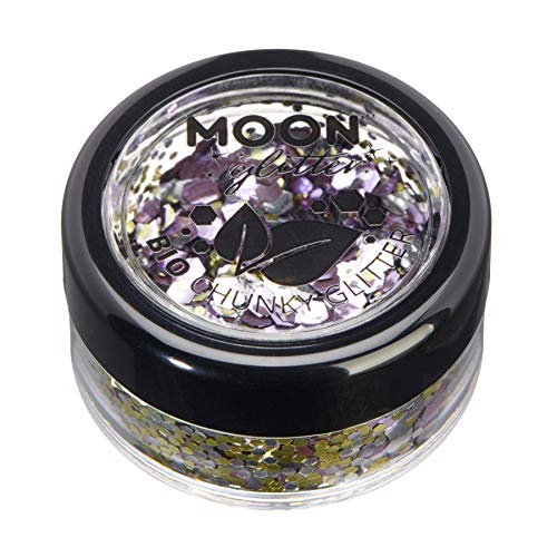 Small round container of champagne-colored chunky cosmetic glitter with a black screw-top lid.
