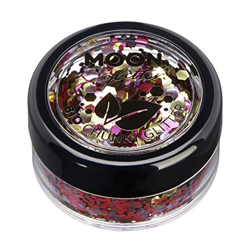 Small round container filled with chunky pink and gold cosmetic glitter.