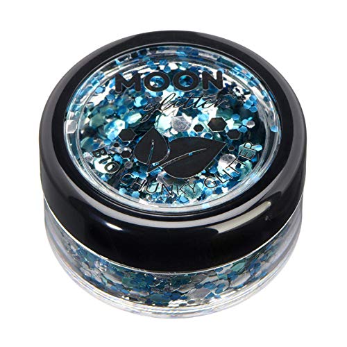 Small circular jar filled with chunky blue and silver cosmetic glitter.