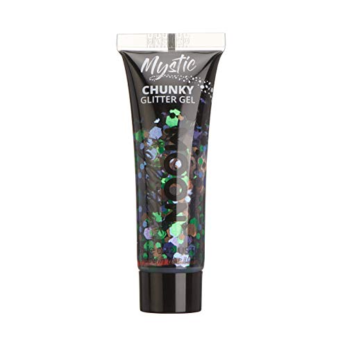 A tube of Mystic Chunky Glitter Gel with dark, iridescent glitter particles.