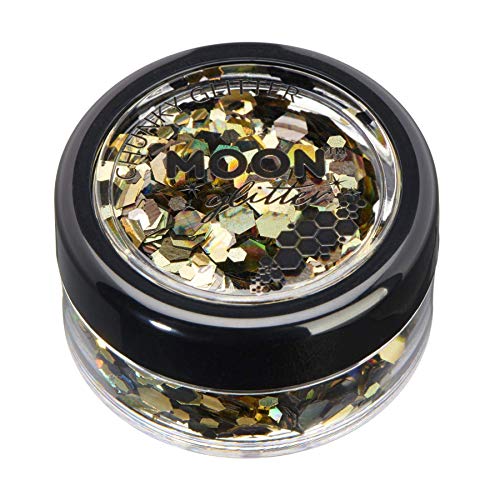 Small circular jar filled with gold and iridescent chunky cosmetic glitter.