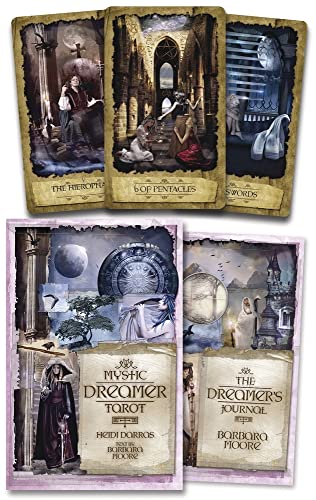 Tarot card deck and journal with gothic imagery and moon phases.