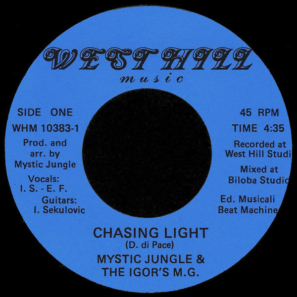Blue vinyl record label with black text: “Mystic Jungle - Chasing Light”.