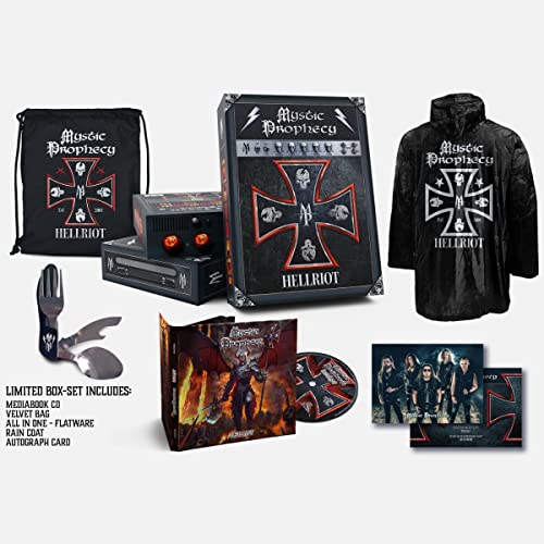 “Mystic Prophecy - Hellriot” boxset with CD, apparel, and collectible items.