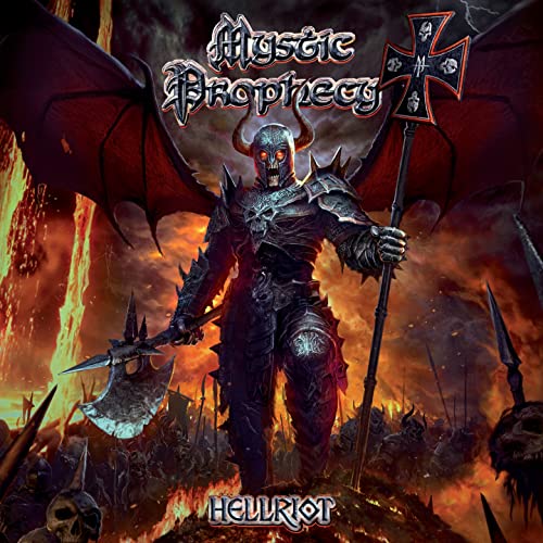 Album cover: armored demonic figure with wings, holding weapons, fiery background.