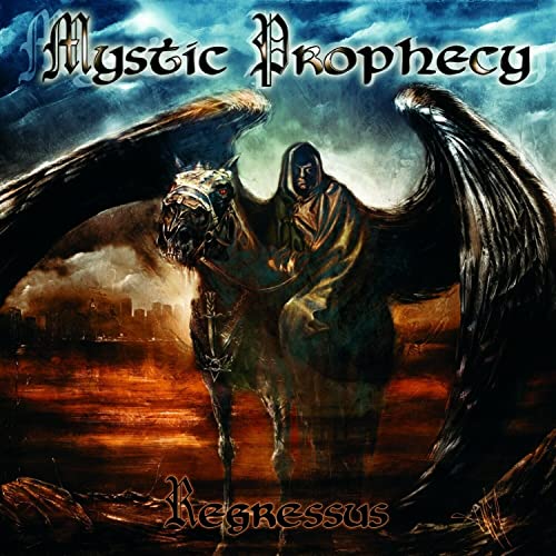 A hooded figure rides a winged horse against a dark, fiery landscape.