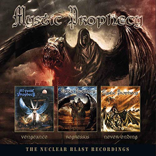 Album cover showing three Mystic Prophecy album artworks featuring dark fantasy and hooded figures.