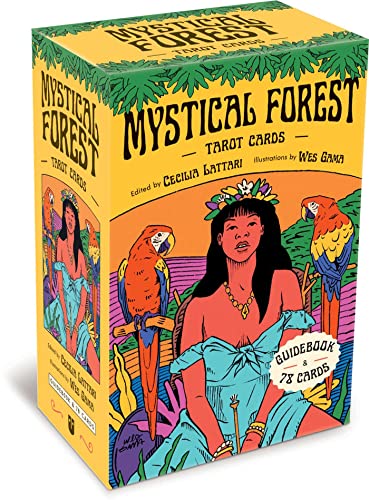 Yellow tarot card box with illustration of a woman and parrots.