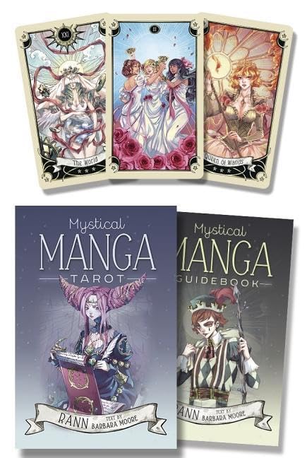 Manga-style tarot cards and guidebook with illustrated covers, featuring fantasy characters.
