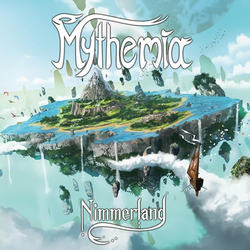 Fantasy illustration of a floating island with waterfalls and a ship against a sky.