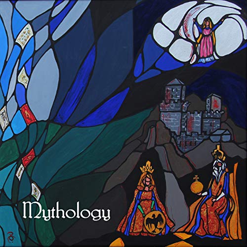 Stained glass style illustration featuring a castle, a king and queen, and tarot cards.