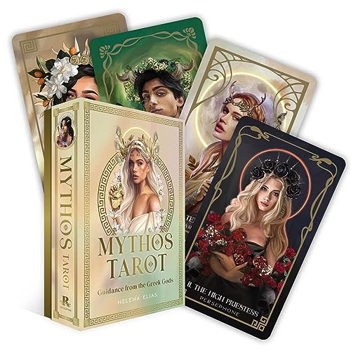 Mythos Tarot box and several illustrated cards featuring Greek mythological figures.