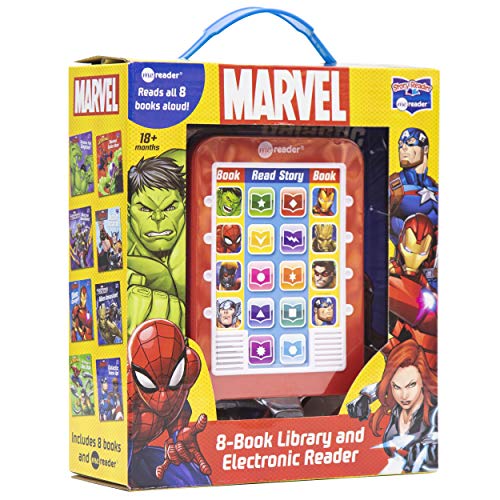 Marvel Me Reader electronic book with character images, including Hulk and Spider-Man.