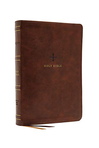 Brown leathersoft Catholic Bible with a cross and gold text on the cover.