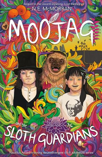Book cover featuring a boy, sloth, and girl amidst colorful foliage.
