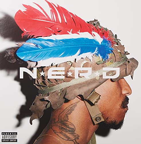 N.E.R.D album cover featuring a person wearing a camouflage helmet with feathers.