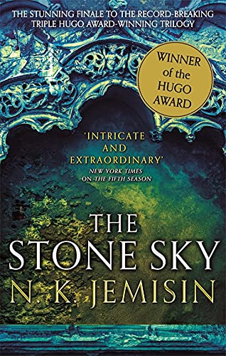Book cover for The Stone Sky by N.K. Jemisin featuring ornate blue stone architecture.