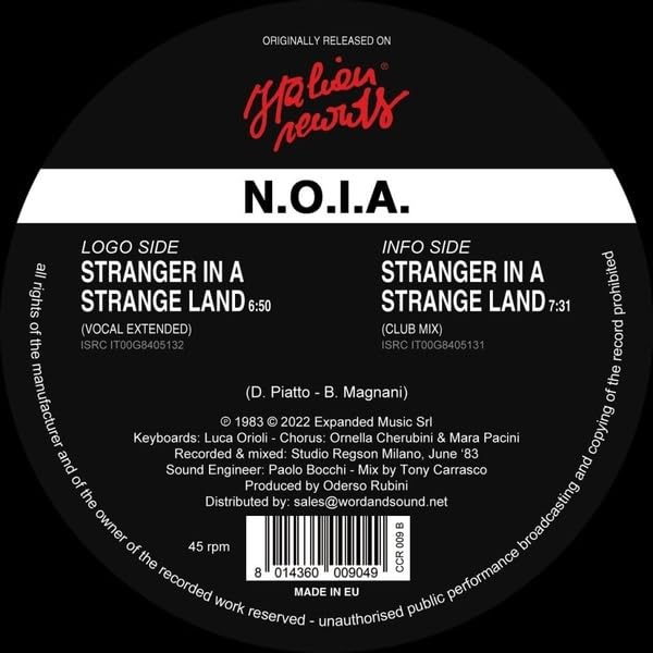 Black vinyl record label with red text: "N.O.I.A. - Stranger In A Strange Land".