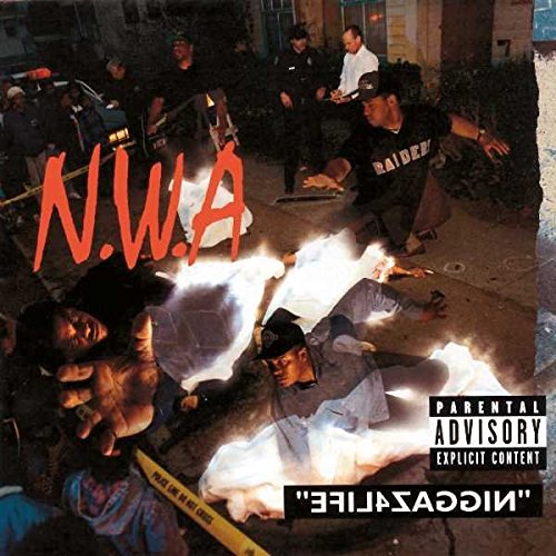 N.W.A. album cover, "Efil4zaggin," depicting a chaotic street scene.