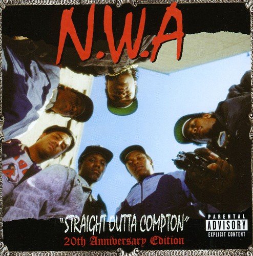 "Album cover with N.W.A members looking down, 'parental advisory' logo, ornate border."