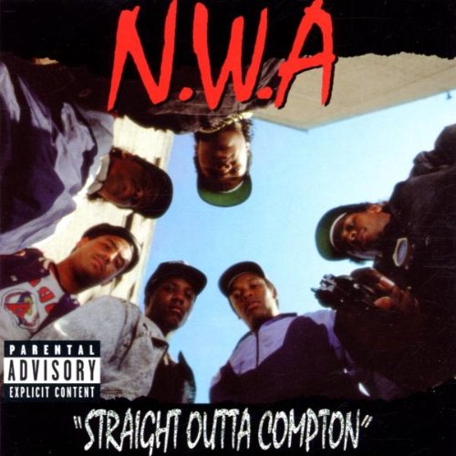 N.W.A. album cover, group portrait with bold red lettering and warning label.