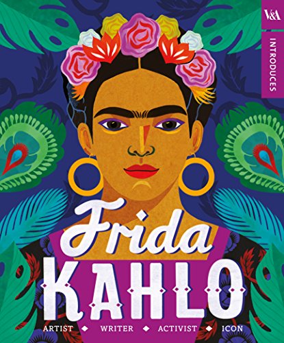 Illustrated portrait of Frida Kahlo wearing a floral crown against a tropical leaf background.