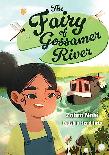 Book cover: girl by a river with a boat and dragonflies.