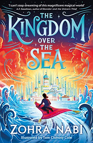 A person on a flying carpet approaches a distant city over a turbulent sea.