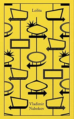 Yellow book cover for "Lolita" with abstract white and black designs.