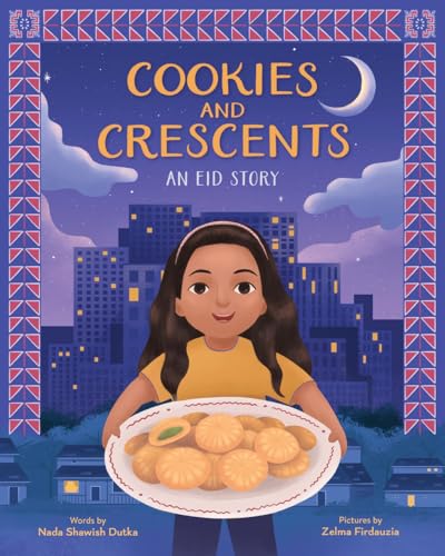 Girl holding a plate of cookies with a crescent moon backdrop.