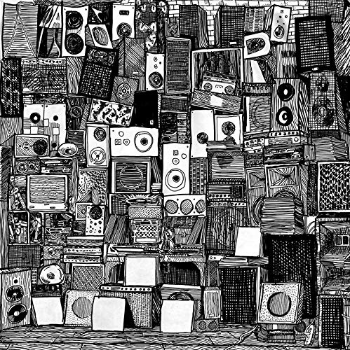 Black and white illustration of stacked vintage audio equipment.
