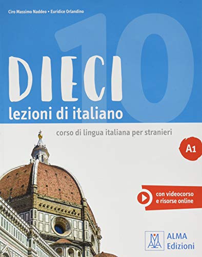Italian language textbook "Dieci" with Florence cathedral image, level A1.