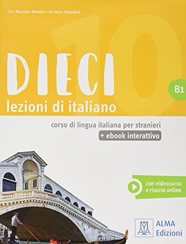 Italian language textbook "Dieci" with a Venetian canal scene.