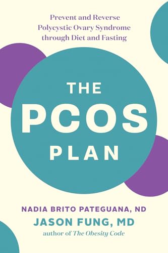 Book cover for "The PCOS Plan" with teal circle and purple accents.