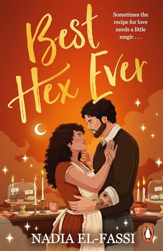 Book cover: couple embracing, candles, and baked goods on a warm orange background.