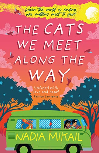 Book cover with a green van, trees, and birds against a pink sunset background.