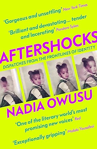 Book cover for "Aftershocks" by Nadia Owusu, featuring childhood photos.