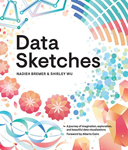 Book cover titled Data Sketches by Nadieh Bremer and Shirley Wu with abstract colorful graphics.