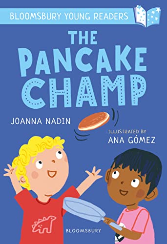 Book cover featuring two children and a flying pancake titled The Pancake Champ.