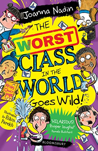 Book cover featuring cartoon children and a dog with chaotic, colorful illustrations and text.