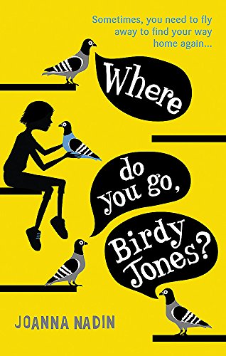 Book cover with a silhouette of a girl and pigeons on a yellow background.