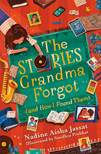 A girl on a rug surrounded by scattered photos, a saxophone, and books.
