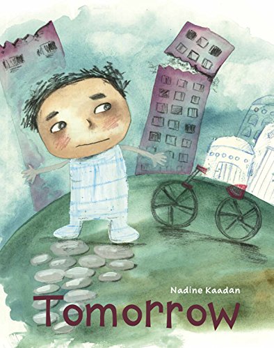 Watercolor illustration of a sad boy with fragmented buildings behind him.