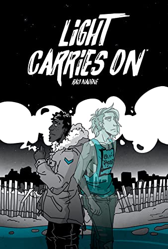 Book cover: two young men stand against a dark cityscape.