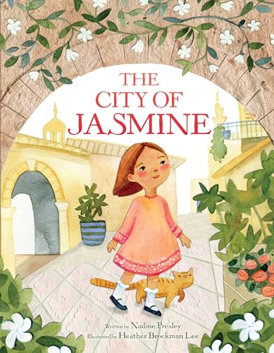 Book cover: girl and cat in a town with jasmine and arches.