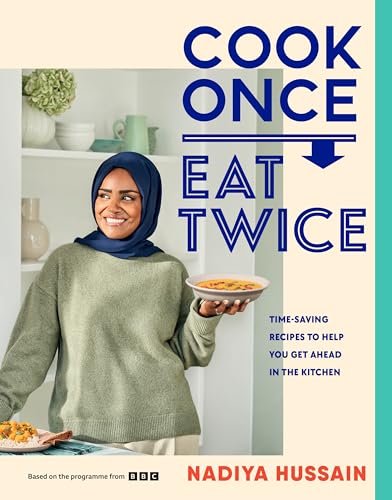 Nadiya Hussain in a blue hijab holding a bowl of food, book cover design.